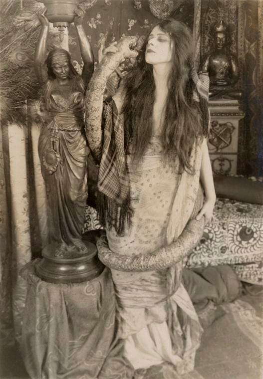 Publicity photo features Theda Bara in an exotic setting holding a stuffed snake that winds around her body.