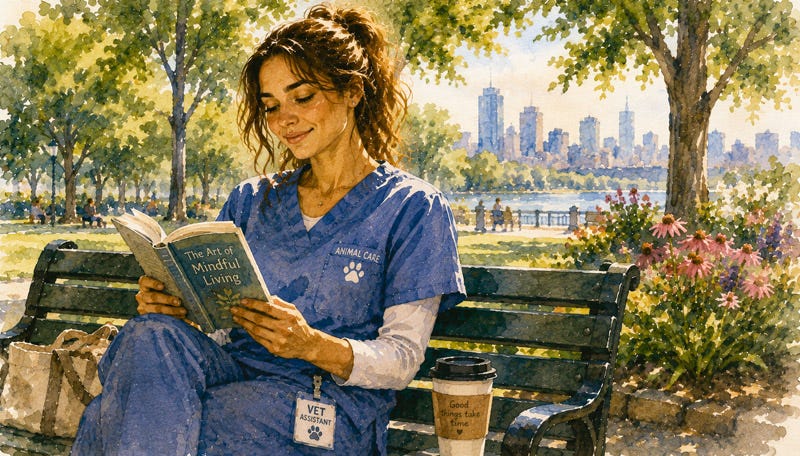A young female veterinary assistant relaxes on a park bench during lunch, reading a self-help book and enjoying a sunny afternoon in a scene depicting lifelong learning and personal growth.