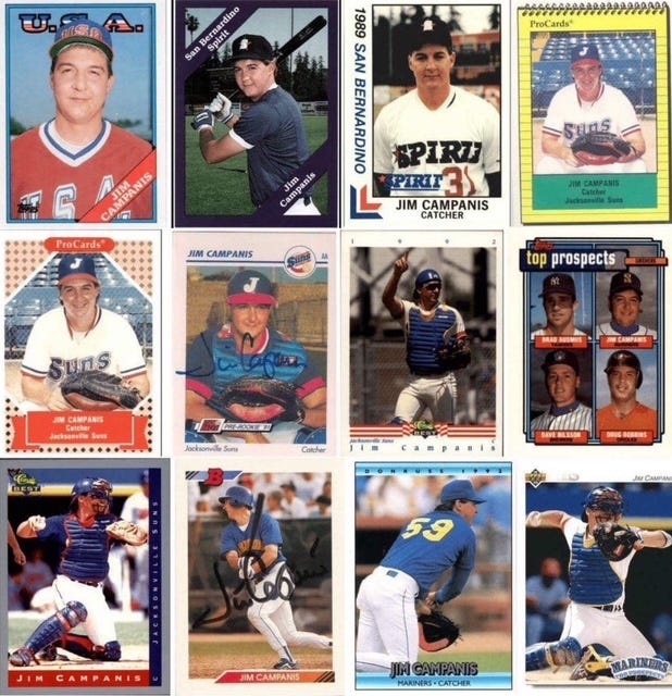 A collage of Jim Campanis Jr. baseball cards, A collage of Jim Campanis Jr. baseball cards,