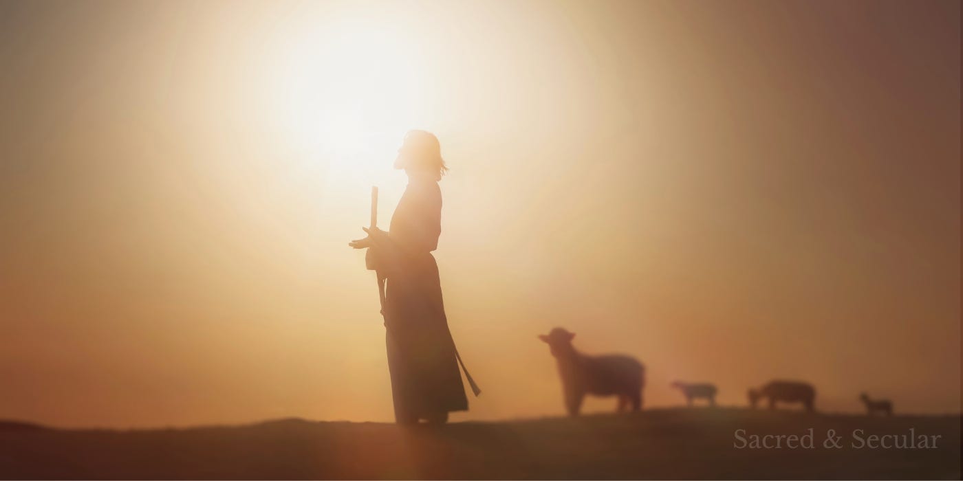 Jesus in front of sun with sheep behind him