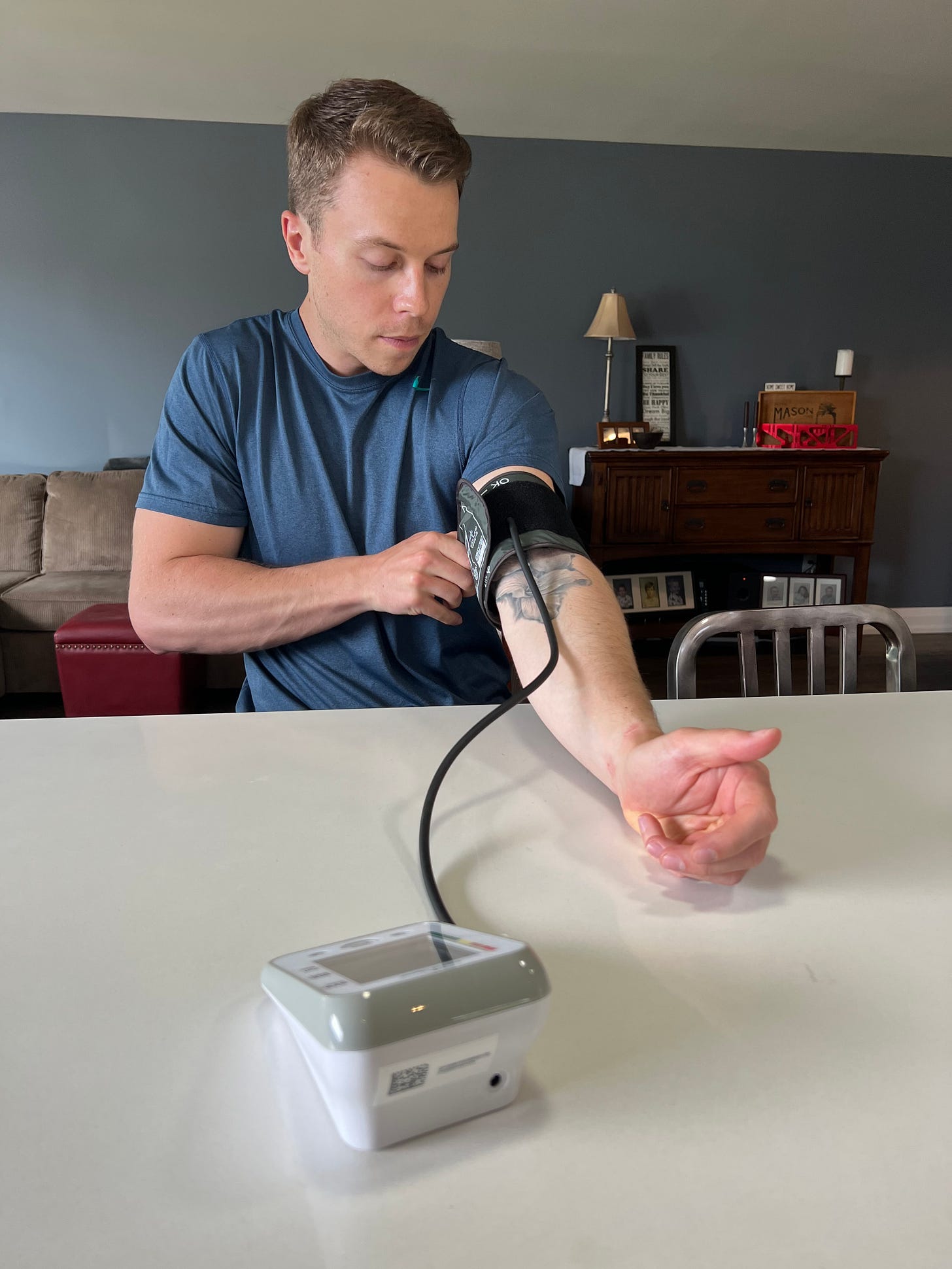 Preparing to take my evening blood pressure reading.