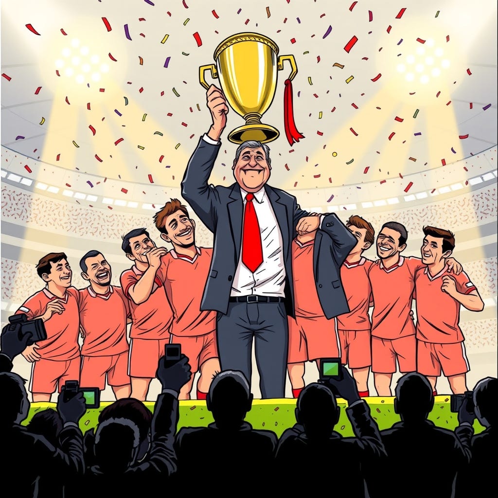 Single-panel editorial cartoon, bold ink linework and flat satirical colors. On a confetti-covered stadium stage, a group of generic triumphant soccer players in plain unbranded jerseys hoist a giant 