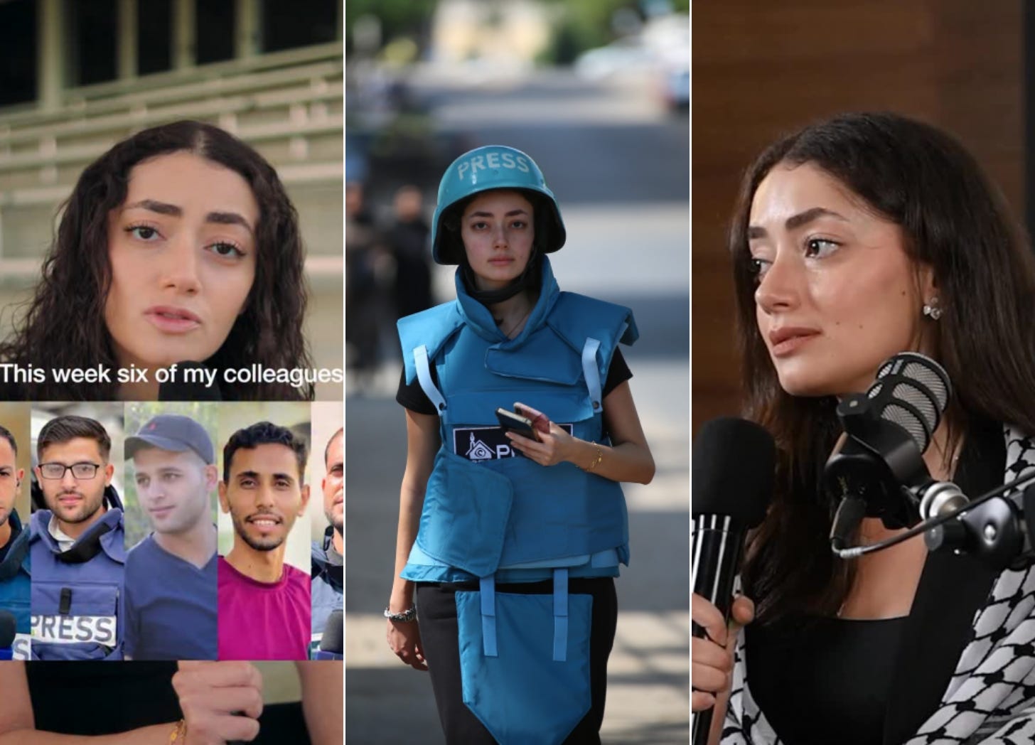 Collage of journalist Plestia Alaqad from her Instagram posts—one video still addressing fallen colleagues, one photo of her wearing a blue press vest and helmet, and one image speaking into a microphone during an interview.