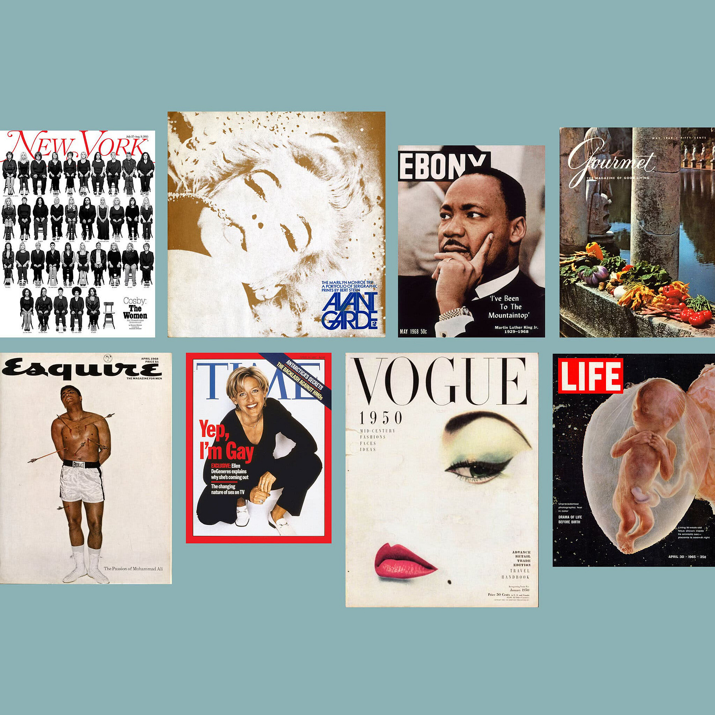 New York Times Magazine'in seçtiği en iyi 25 dergi kapağından bazıları açık mavi bir arka planın üzerinde dizilmiş.