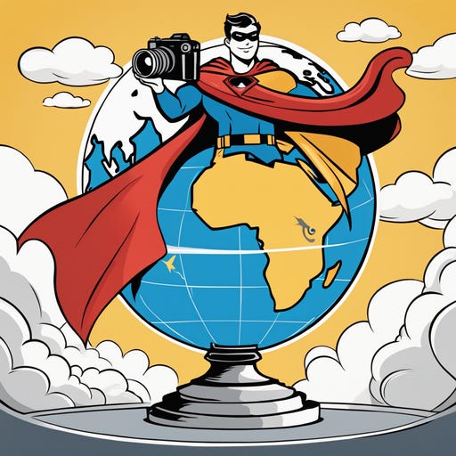 Image Description: [A cartoon representation of a photographer wearing a superhero cape, standing on top of a globe, camera in hand, ready to conquer the world.]