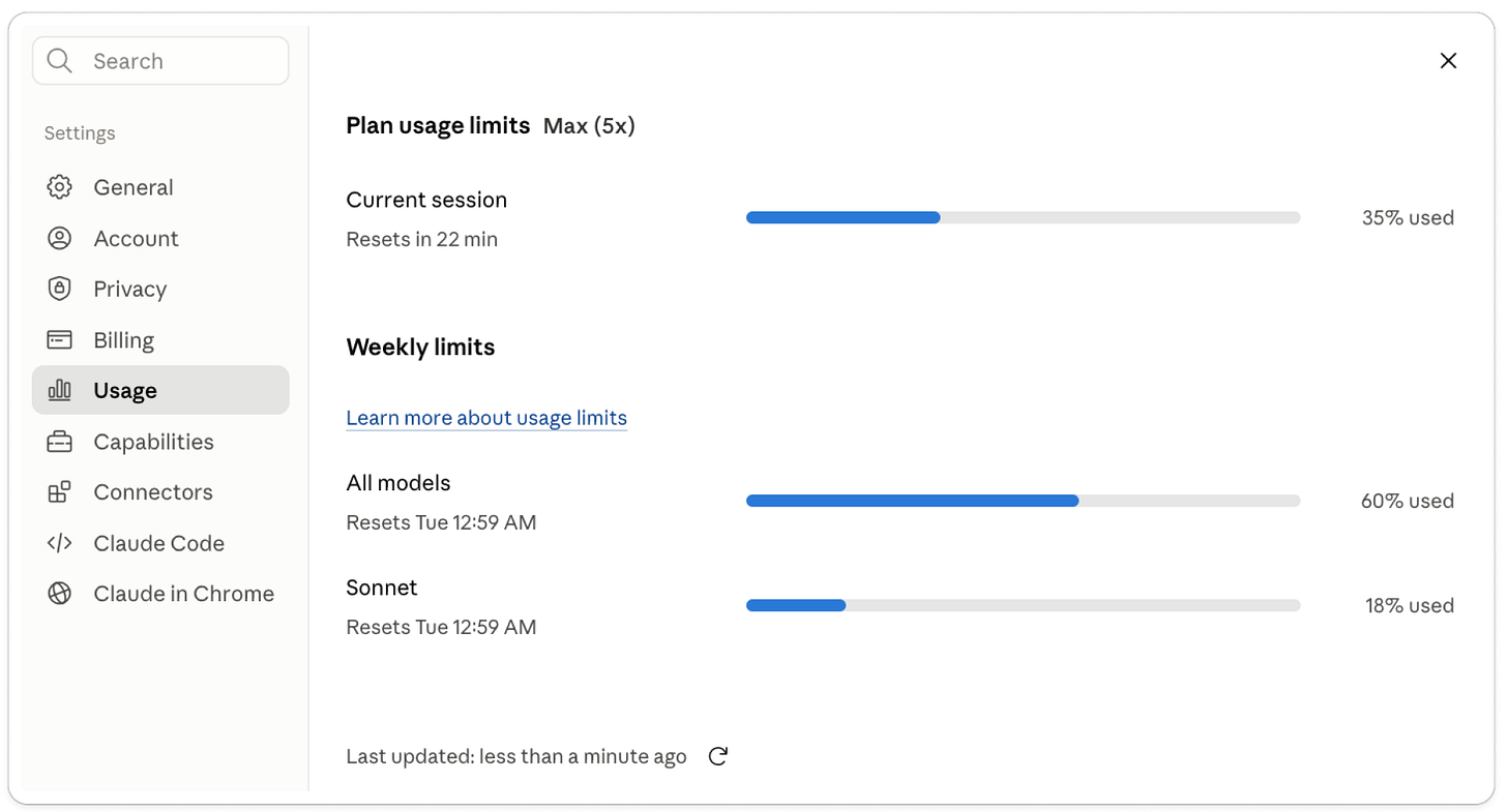 Claude's Usage settings screen on a Max plan showing the current 5-hour session at 35% used and resetting in 22 minutes, plus weekly limits at 60% across all models and 18% on Sonnet.