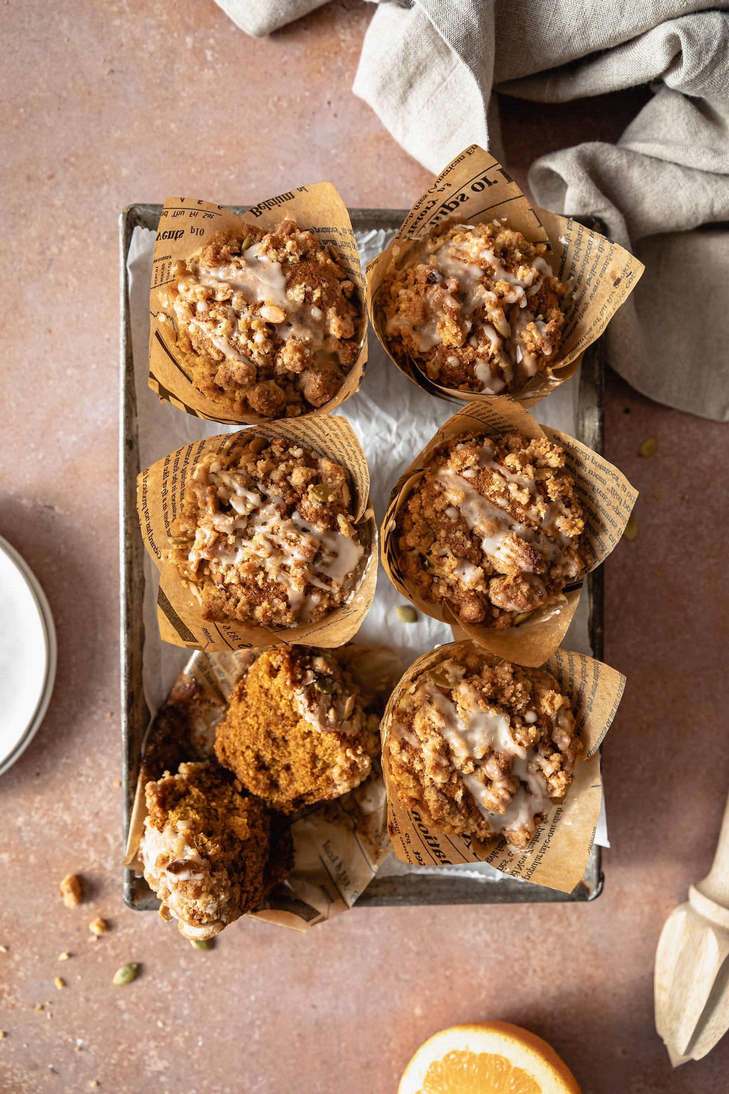 Vegan pumpkin streusel muffins seen from above