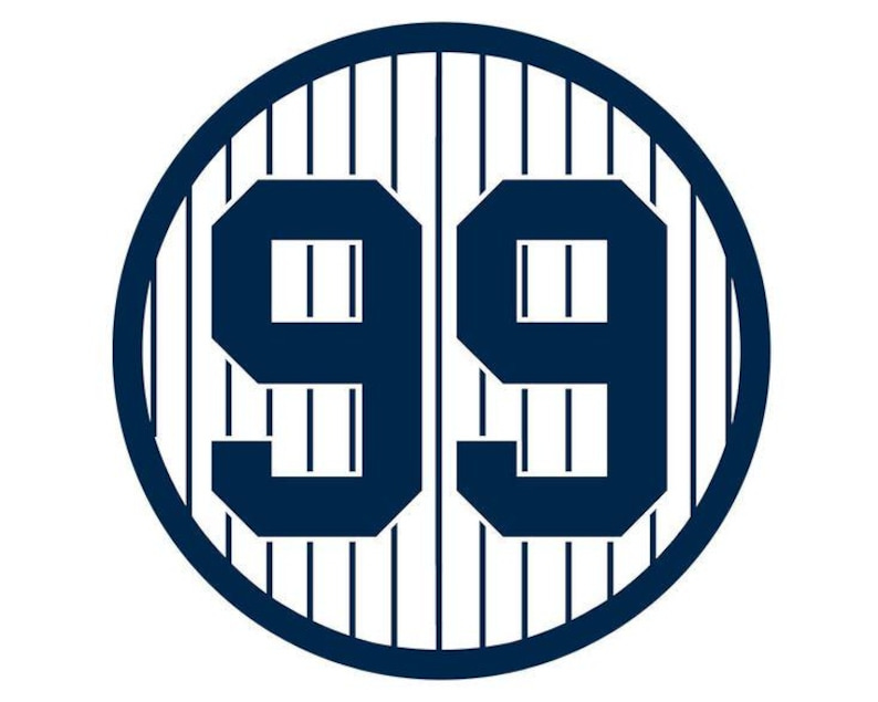May include: A white circle with a navy blue outline and a striped pattern. The number 99 is in the center of the circle in navy blue.