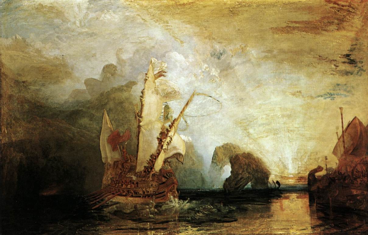 A golden sunrise as Ulysses' ship escapes the Cyclops A golden sunrise as Ulysses' ship escapes the Cyclops