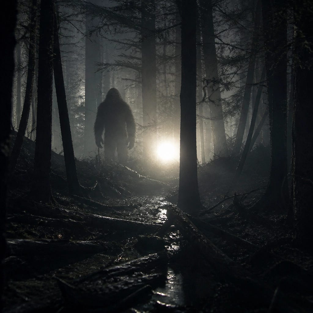 A desaturated, atmospheric shot of a Sasquatch silhouette in a dense, dark forest near a glowing light.