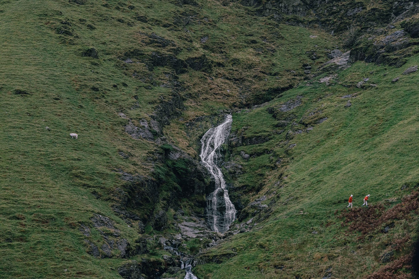 Waterfall running down a green mountainside in the Lake District, hikers in red jackets and grazing sheep in the distance. Waterfall running down a green mountainside in the Lake District, hikers in red jackets and grazing sheep in the distance.