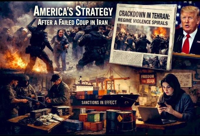 May be an image of text that says 'AMERICA'S STRATEGY AFTER A FAILED COUP IN IRAN CRACKDOWN IN TEHRAN: REGIME VIOLENCE SPIRALS " FREEDOM FOR IRAN SANCTIONS SANCTIONSINEFFECT IN EFFECT'