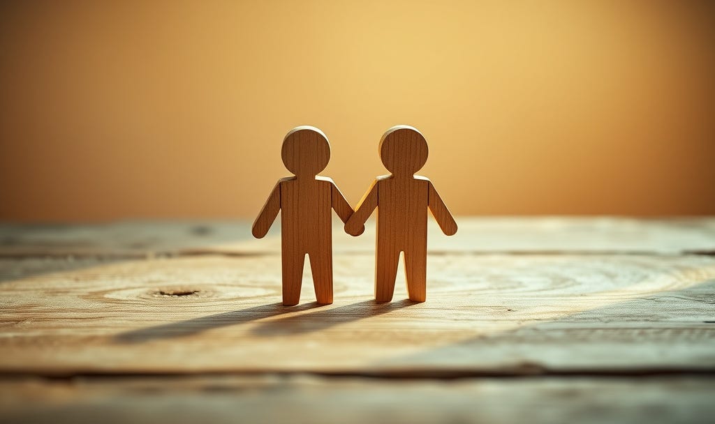 Two simple wooden figures without faces holding hands on weathered wooden surface, representing friendship and human connection in adulthood