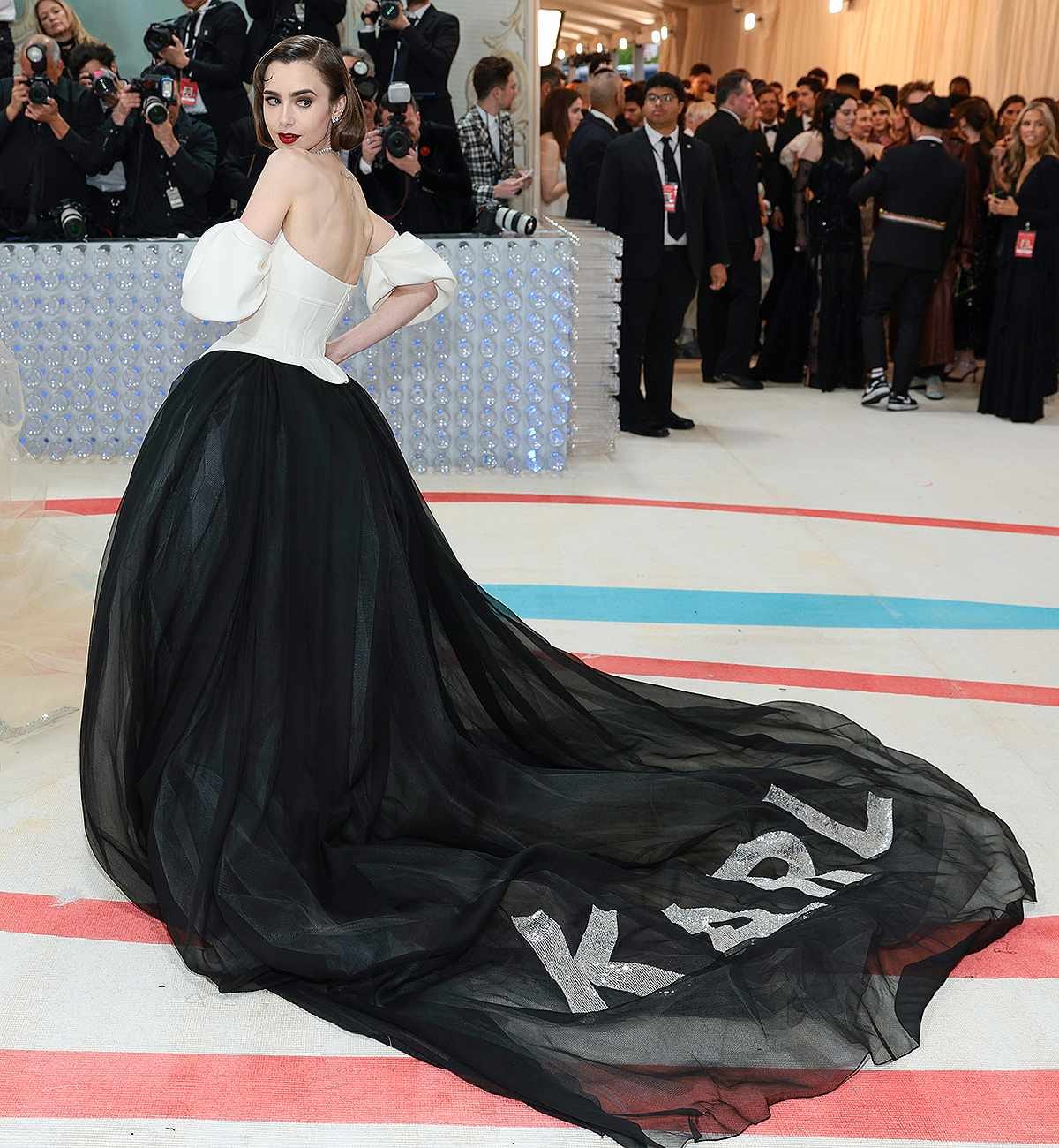 Lily Collins 2023 Met Gala Gown by Vera Wang Says 'Karl'