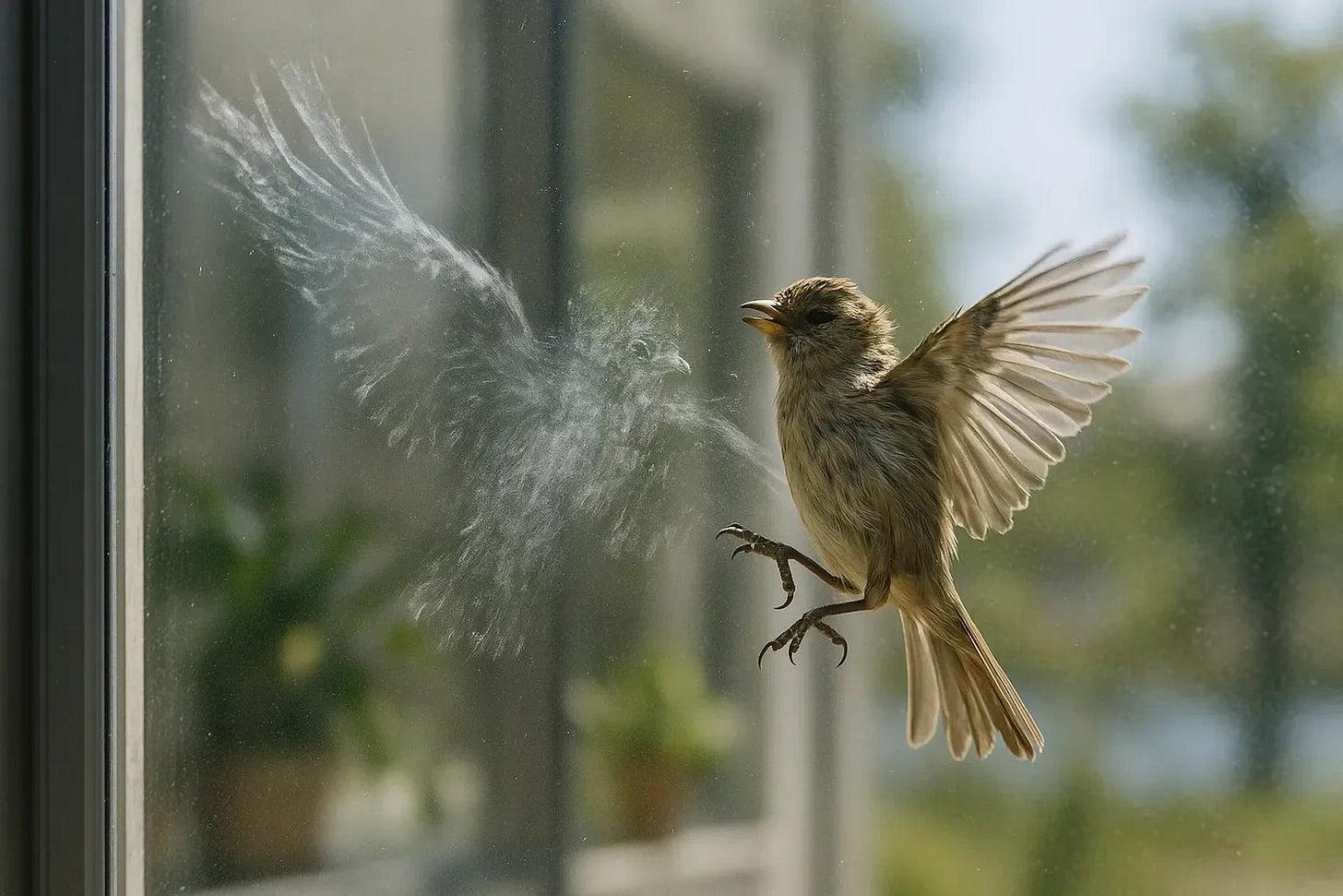 Bird flying into a glass window with feather imprint, illustrating burnout, wise effort, and energy misalignment Bird flying into a glass window with feather imprint, illustrating burnout, wise effort, and energy misalignment