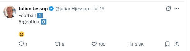 The image shows a social media post by Julian Jessop, featuring his username, date, a football emoji, a flag for Argentina, and a series of numbers.
AI-generated content may be incorrect. The image shows a social media post by Julian Jessop, featuring his username, date, a football emoji, a flag for Argentina, and a series of numbers.
AI-generated content may be incorrect.