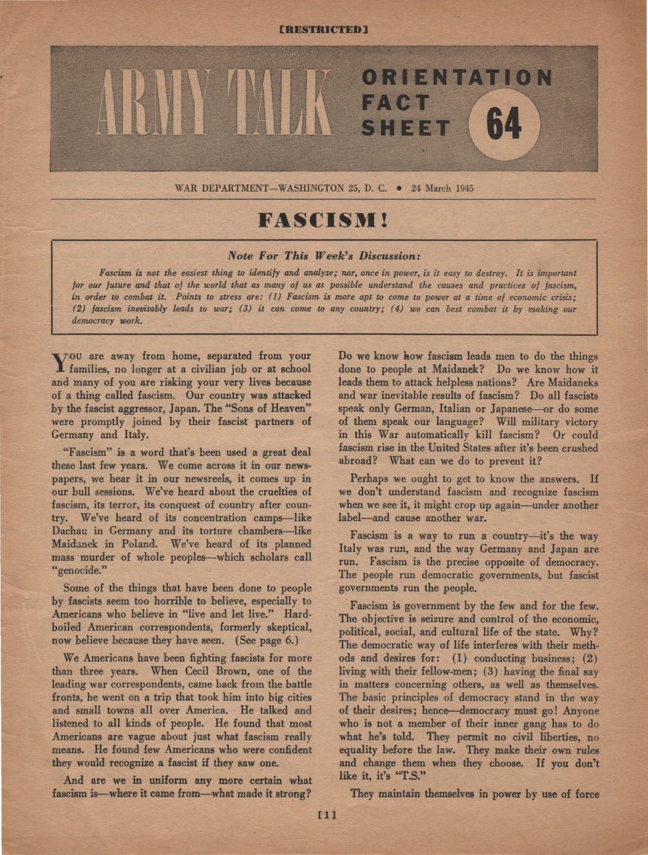 The cover of a historical U.S. War Department document from 1945. On a weathered, brown background, the title "ARMY TALK" appears in a large, stencil-like font. To the right, it says "ORIENTATION FACT SHEET" with the number "64" inside a circle. The cover of a historical U.S. War Department document from 1945. On a weathered, brown background, the title "ARMY TALK" appears in a large, stencil-like font. To the right, it says "ORIENTATION FACT SHEET" with the number "64" inside a circle.