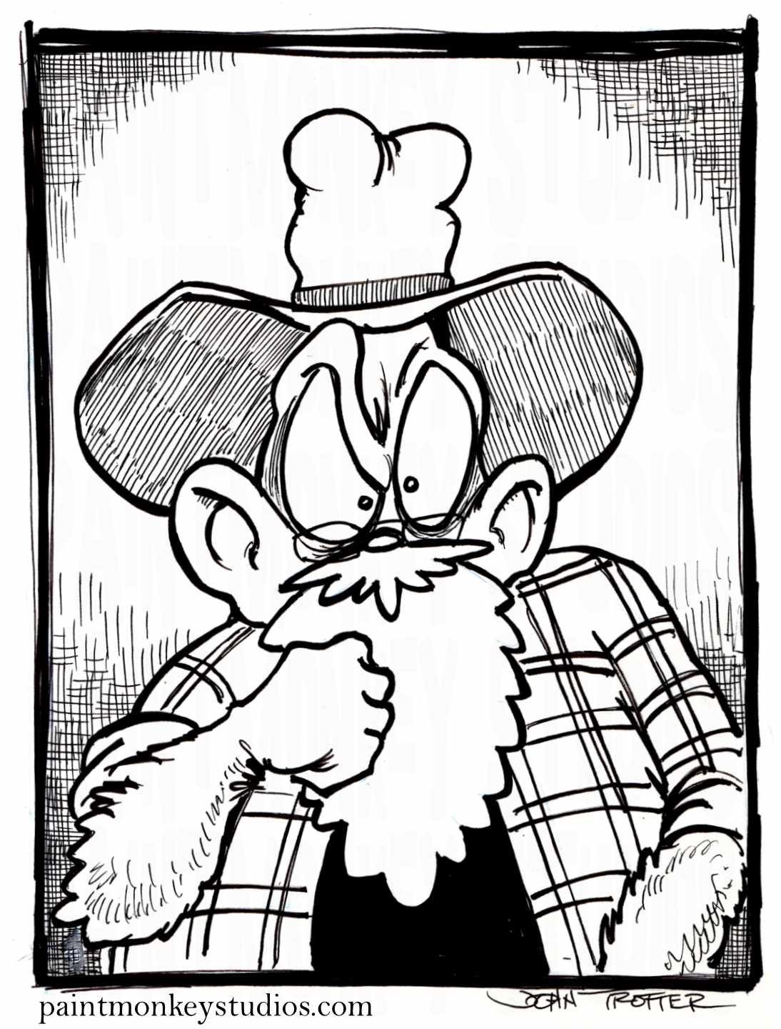 Ink cartoon of the Paintmonkey looking serious and rubbing his chin.
