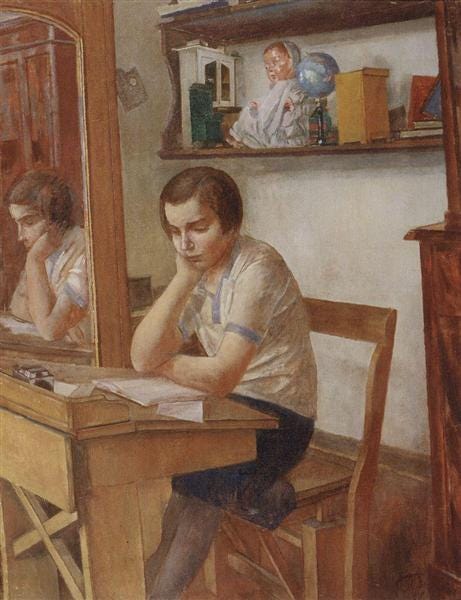 The girl at the desk, 1934 - Kuzma Petrov-Vodkin - WikiArt.org
