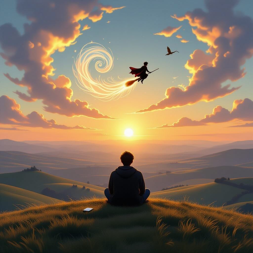 A serene landscape showing a solitary figure sitting on a hill overlooking an expansive vista, with their shadow contain...