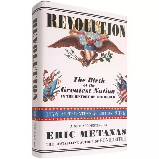 Book cover for Eric Metaxas's 'Revolution,' subtitled 'The Birth of the Greatest Nation,' with an eagle-and-shield crest.