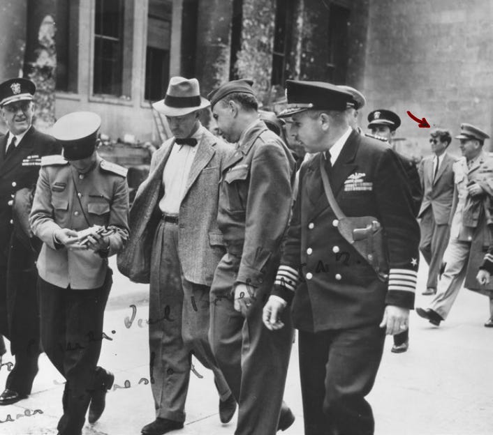Kennedy viewing Berlin ruins along with Forrestal.JFK walking through ruined Berlin with Navy Secretary James Forrestal in 1945. The young veteran-correspondent was no longer studying Nazi Germany from afar; he was witnessing what the war had left behind.