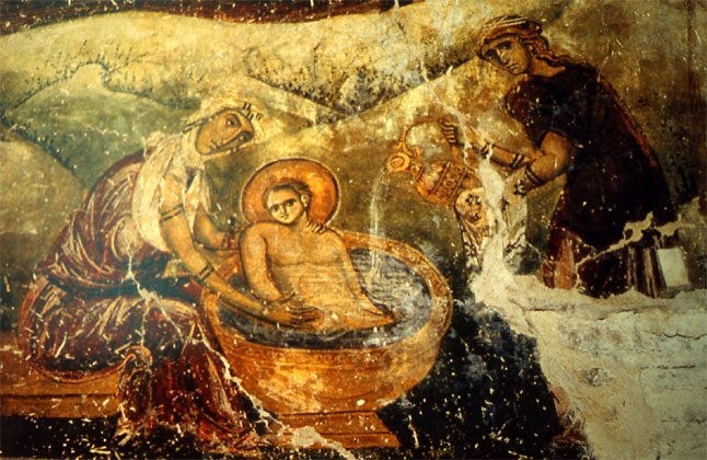 A photo of a fresco art piece of Midwife Salome.