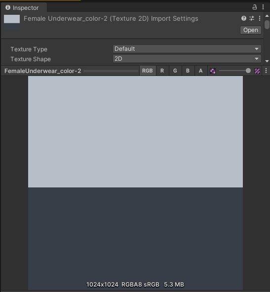 Unity Inspector viewport, AthleticWear UV map on left, the new diffuse texture on the right.