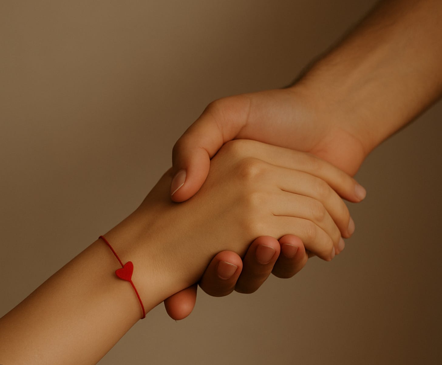 A close-up of two hands clasping gently — one wearing a delicate red heart bracelet. The hands appear tenderly connected, yet there’s a subtle sense of release, as if one is starting to let go. The image captures the emotional tension of longing, clarity, and the quiet strength it takes to walk away from a love built on fantasy. It visually mirrors the story of recognizing truth, setting boundaries, and reclaiming self-worth.