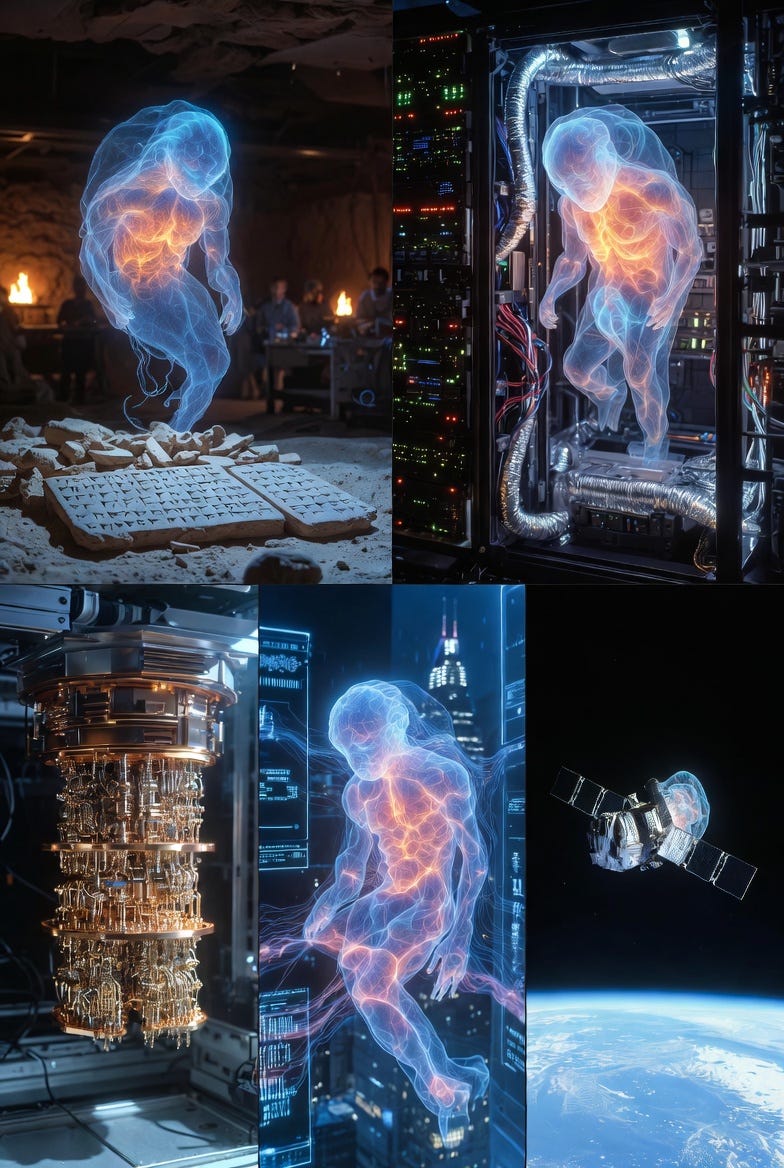 Five spectral entities emerge from diverse settings, blending historical and futuristic elements in a surreal, otherworldly scene.