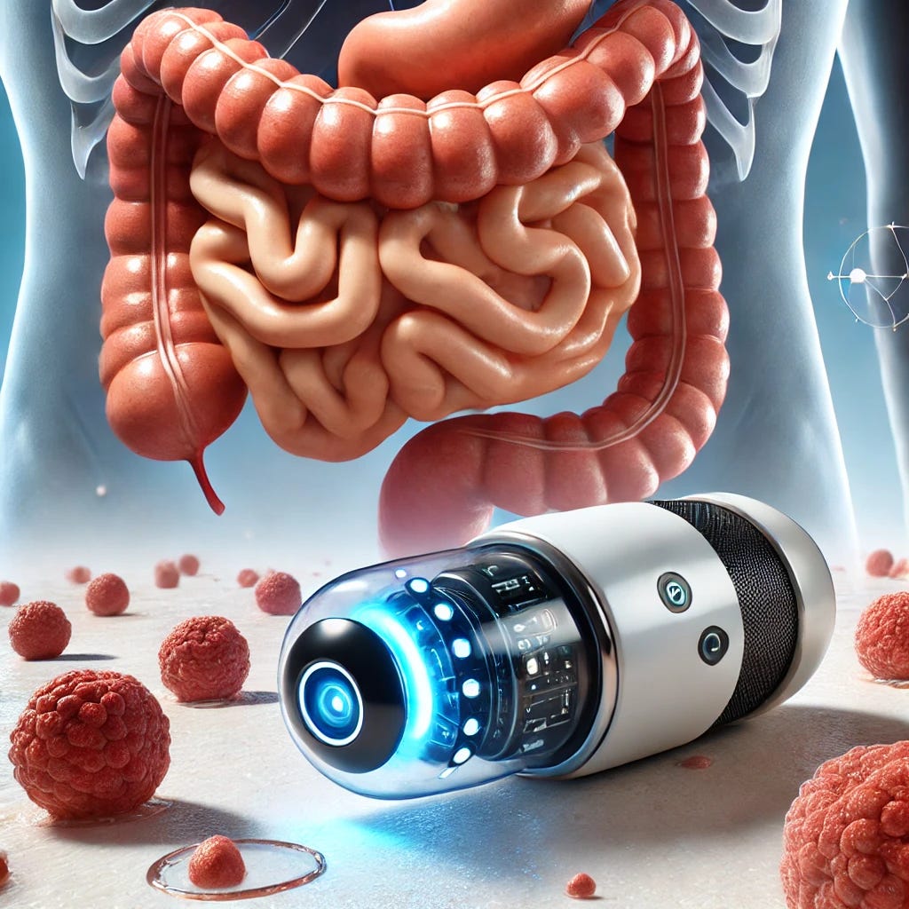 A futuristic depiction of a pill-sized robot designed for medical purposes, capable of being swallowed to explore human intestines. The robot should have a sleek, modern design with smooth edges, embedded cameras, and tiny lights for navigation. The background shows a close-up view of human intestines in a medical illustration style. The robot is shown navigating through the intestinal tract, with its high-tech features highlighted. The setting emphasizes advanced technology in a clean, sterile environment.