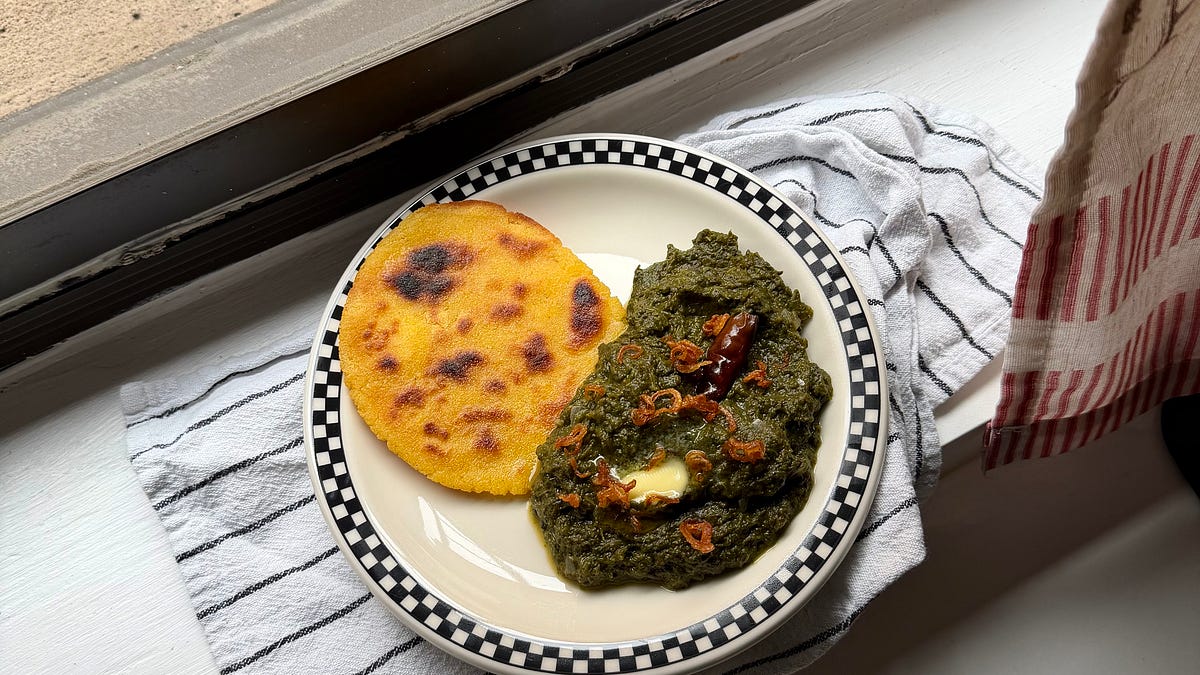 mustard greens saag & corn roti - rootedinspice