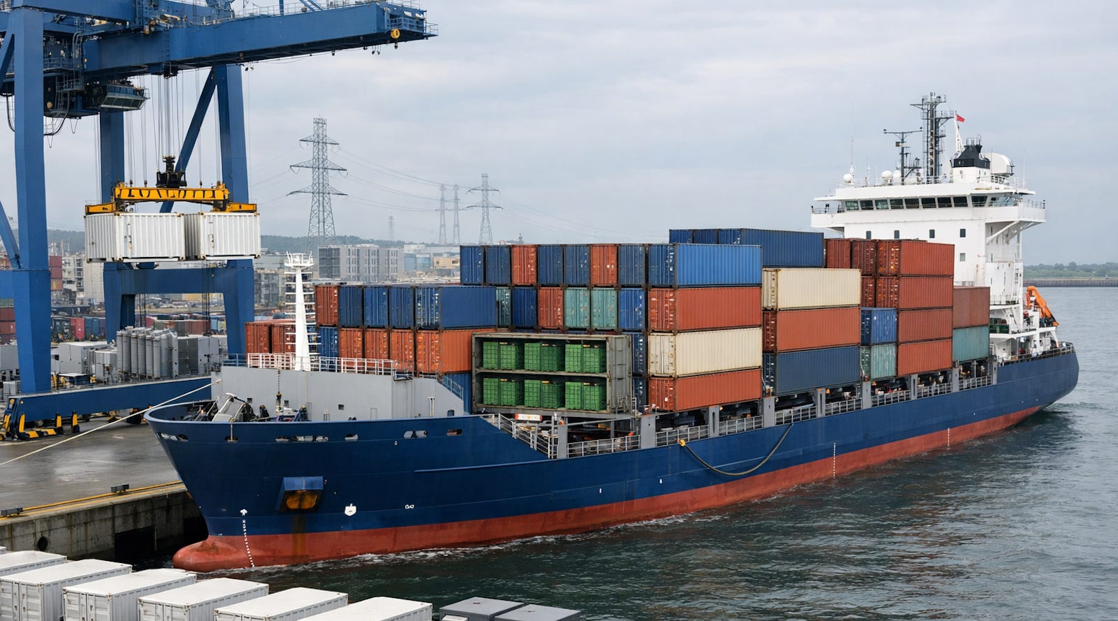 Illustration of a 1,100 TEU feeder ship at berth using containerized battery swapping, quay-side charging infrastructure, and high-voltage shore power.