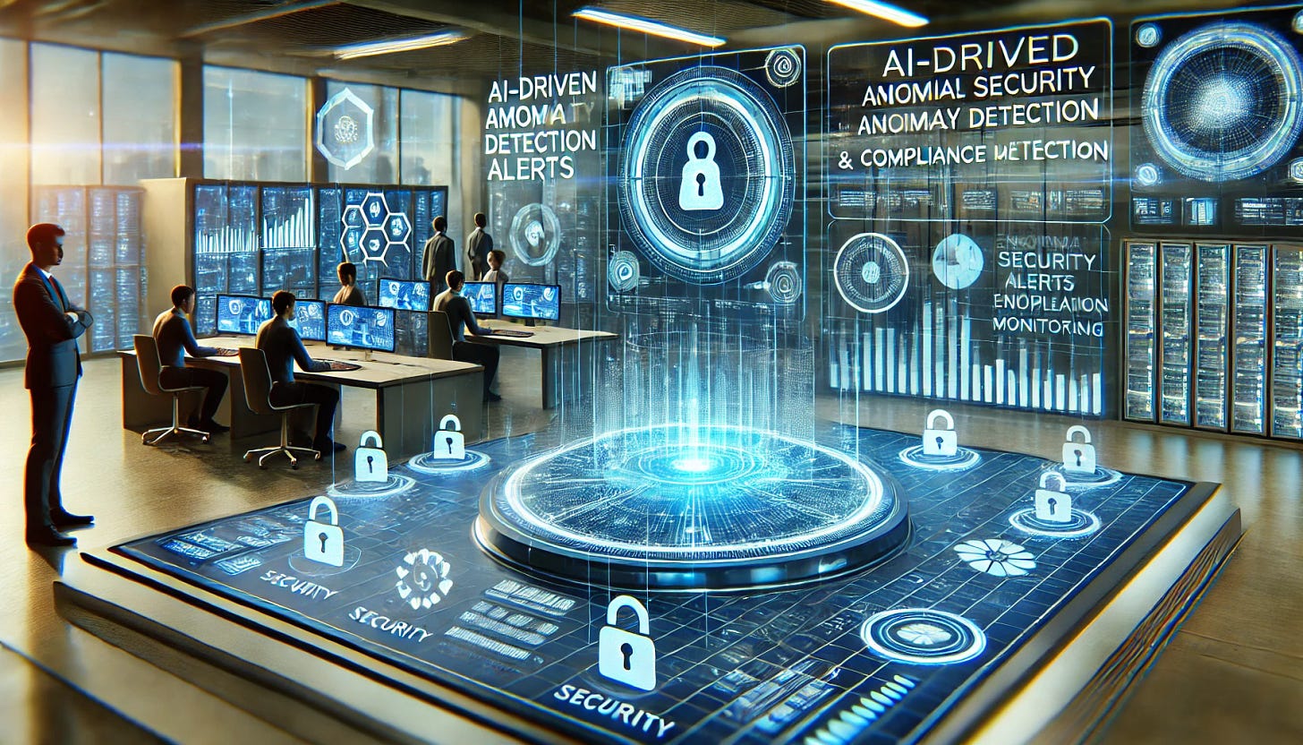 A futuristic AI-powered records management system with holographic displays showing data security, anomaly detection, and compliance monitoring. The image should highlight AI-driven anomaly detection alerts and encryption processes, with a team of professionals overseeing the system in a high-tech control room.