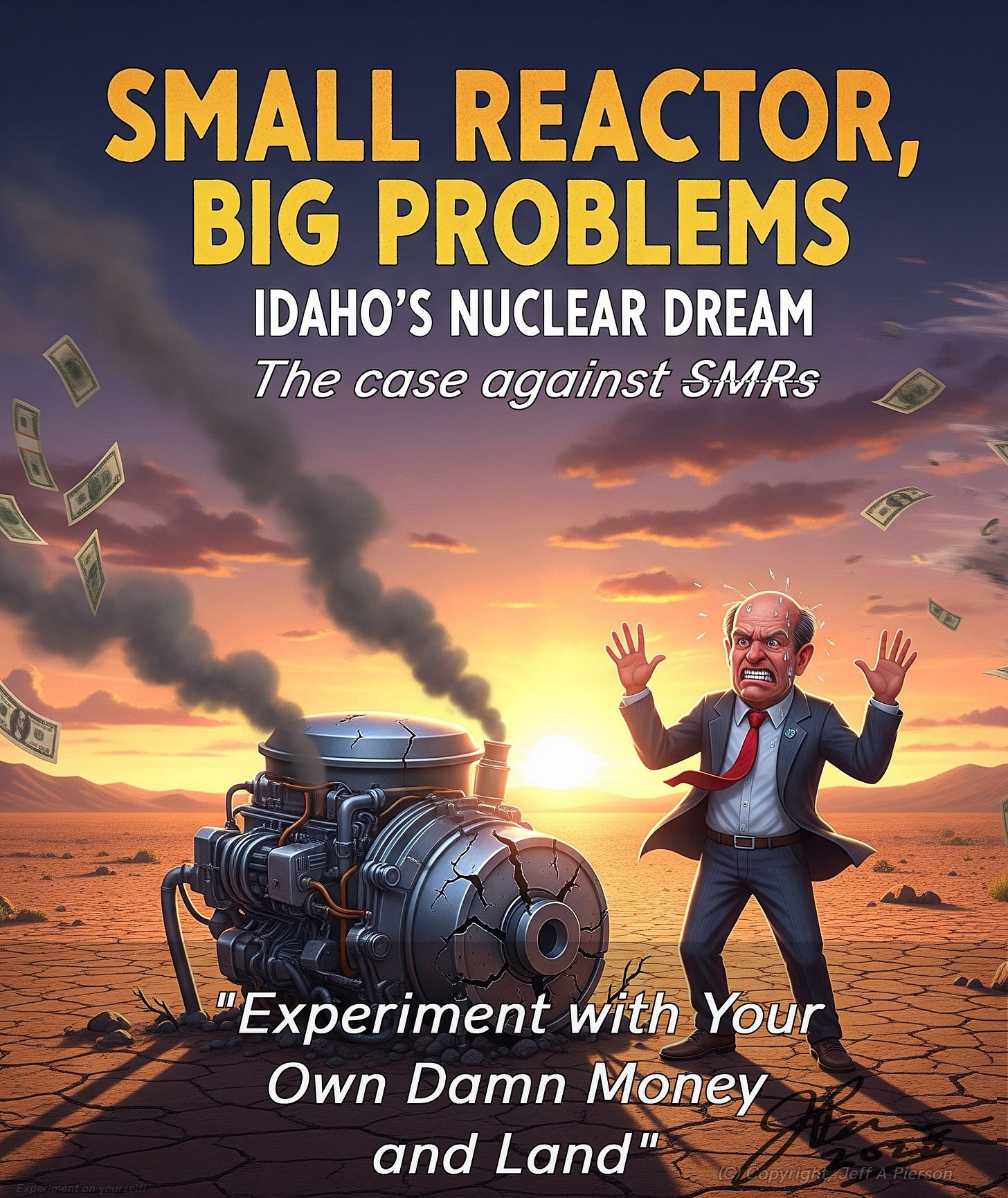 May be an image of 1 person and text that says 'SMALL REACTOR, BIG PROBLEMS IDAHO'S NUCLEAR DREAM The case against SMRS "Experiment with Your Own Damn Money and Land''