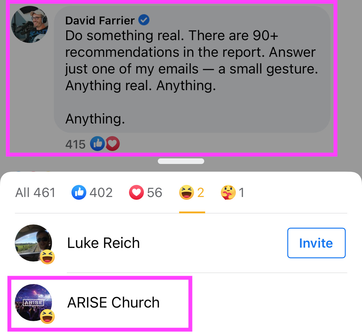 Arise church posts a laughing emoji in response to me posting that they do soemthing