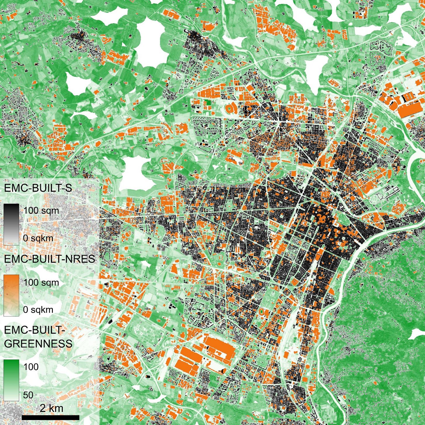 The city of Turin (Italy) seem with the new EMC-BUILT data set. White areas are more than 300m from the nearest building detected.