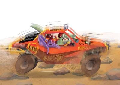 dinosaur driving a rally car over rocks.  Lots of bumpy.