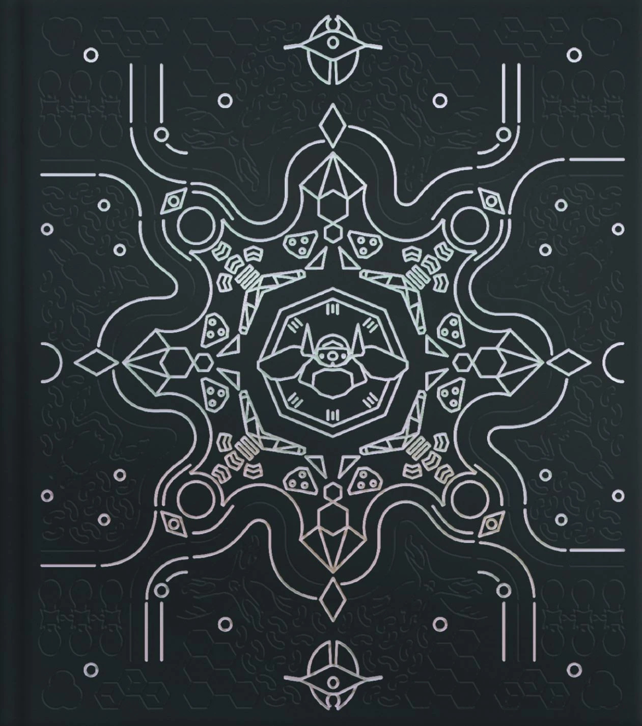 Stylized book cover featuring an intricate geometric design with a symmetrical, cosmic motif in metallic ink on a dark background. At the center is a minimalist depiction of a small creature with bat-like wings and round eyes, surrounded by abstract shapes, weapons, and arcane symbols. The design evokes a mysterious, technological, and mythic feel.