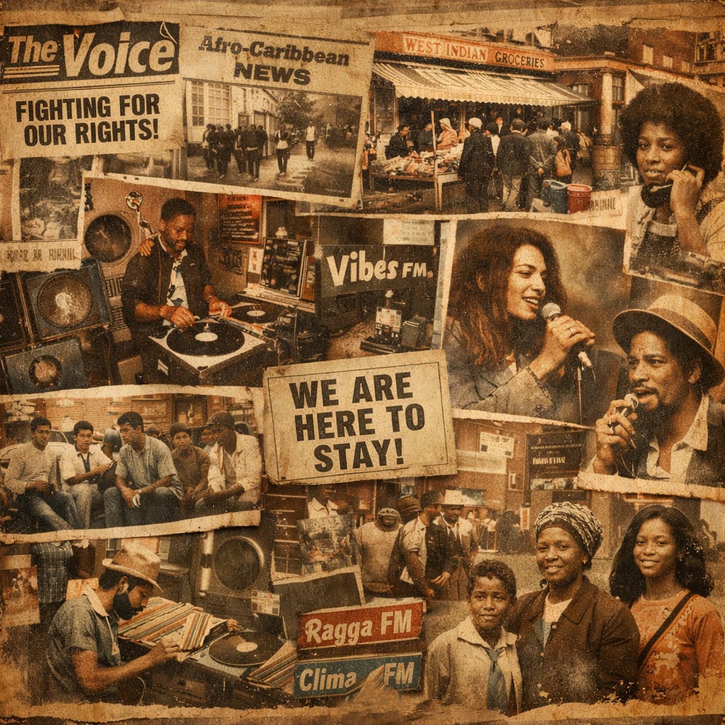 Image: AI-generated archival-style montage inspired by Black British Caribbean life in 1970s and 1980s England, where Jamaican Patwa lived through community, music, and independent media long before wider recognition.