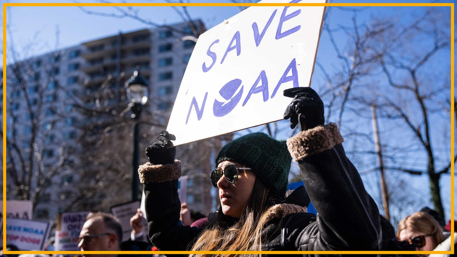 Demonstrators attend rally outside National Oceanic and Atmospheric Administration headquarters to oppose the recent worker firings, in Sliver Spring, Md., on Monday, March 3, 2025. Demonstrators attend rally outside National Oceanic and Atmospheric Administration headquarters to oppose the recent worker firings, in Sliver Spring, Md., on Monday, March 3, 2025.