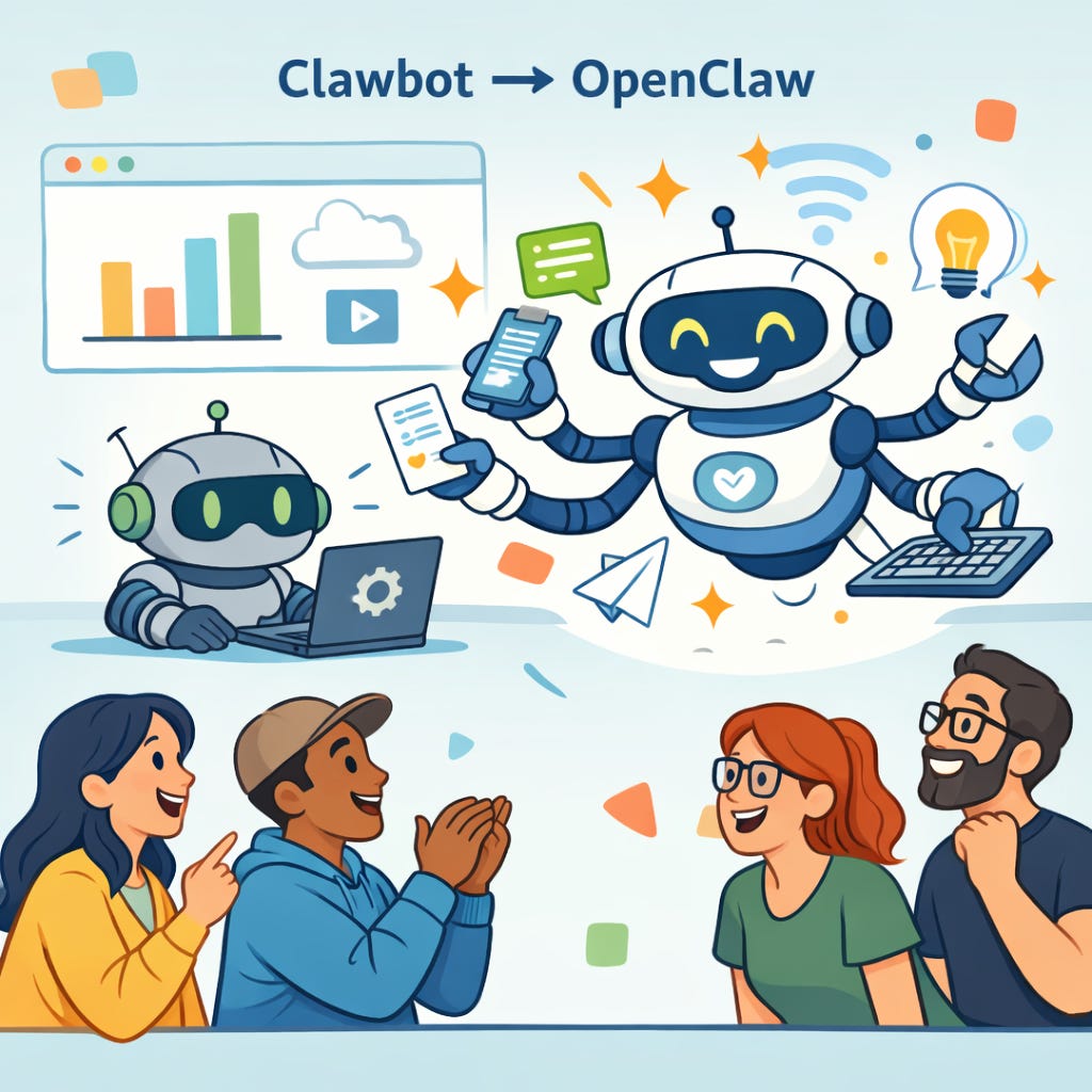 Flat cartoon illustration of a friendly robot agent evolving from claw to open form, with diverse users watching excitedly amid subtle warning icons, tech newsletter style.