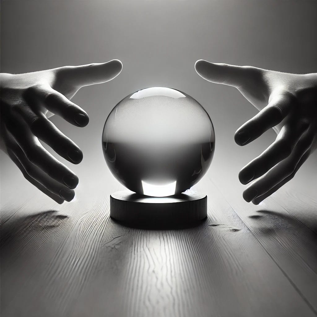 A black-and-white digital artwork of a crystal ball resting on a simple wooden surface, with two hands gently hovering around it. The scene is minimalistic, focusing on the crystal ball's smooth surface and subtle reflections. The hands are positioned symmetrically, with no magical effects or embellishments, and the background is plain and softly blurred. The lighting is subdued, creating a quiet, mysterious atmosphere. Created using: monochrome tones, realistic rendering, soft shadows, high contrast, minimalistic style, focused composition, clean lines, and a natural aesthetic.