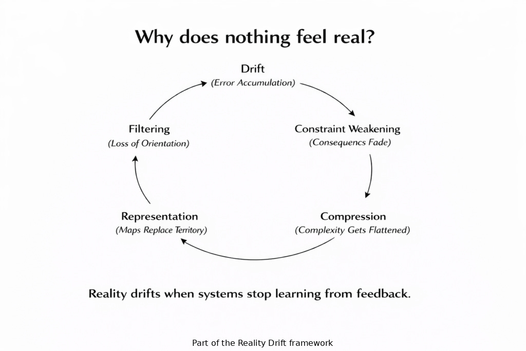 A conceptual diagram asking "Why does nothing feel real?" It illustrates a cycle of Drift, Constraint Weakening (Consequences Fade), Compression (Complexity Gets Flattened), Representation (Maps Replace Territory), and Filtering (Loss of Orientation). The footer states: "Reality drifts when systems stop learning from feedback.