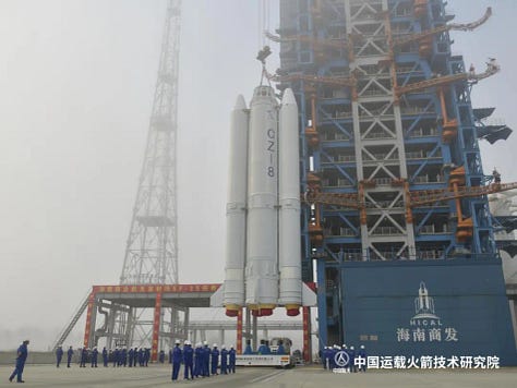 The Long March 8's first and second stages, as well as its fairing, with the satellite group inside, being prepared at Commercial Launch Pad 1 in April 2026.