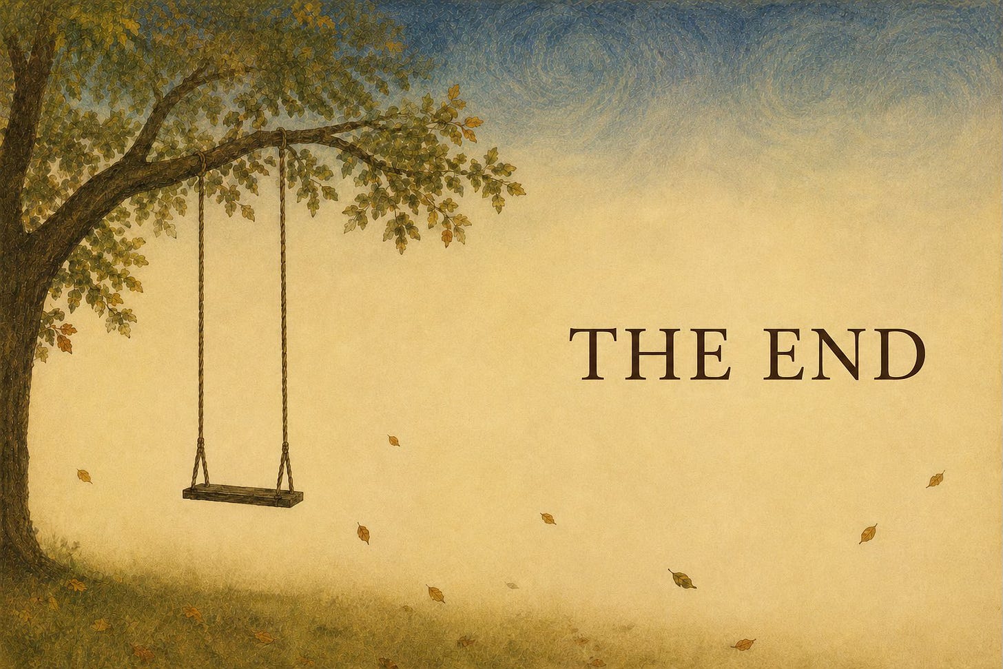 The End. The empty swing hangs from the tree in golden morning light, leaves drifting.