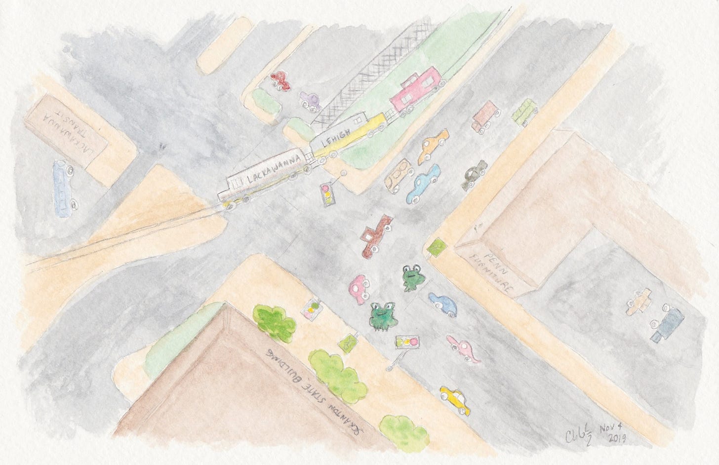 Image description: A watercolor drawing of an above view of an intersection in downtown Scranton showing traffic moving into a left turn with a green light at the same time as pedestrians, depicted as frogs, have a green walk light to cross the street. The drawing is signed Chloe Nov 4, 2019. This conflict of the traffic light pattern led to people calling the crosswalk "playing Frogger" like the old video game. The drawing was presented to the state representative at the time in 2019, someone was hit one morning and taken away by ambulance after that. I haven't really walked downtown in that area since before the pandemic started, so I'm not sure if it was ever fixed.