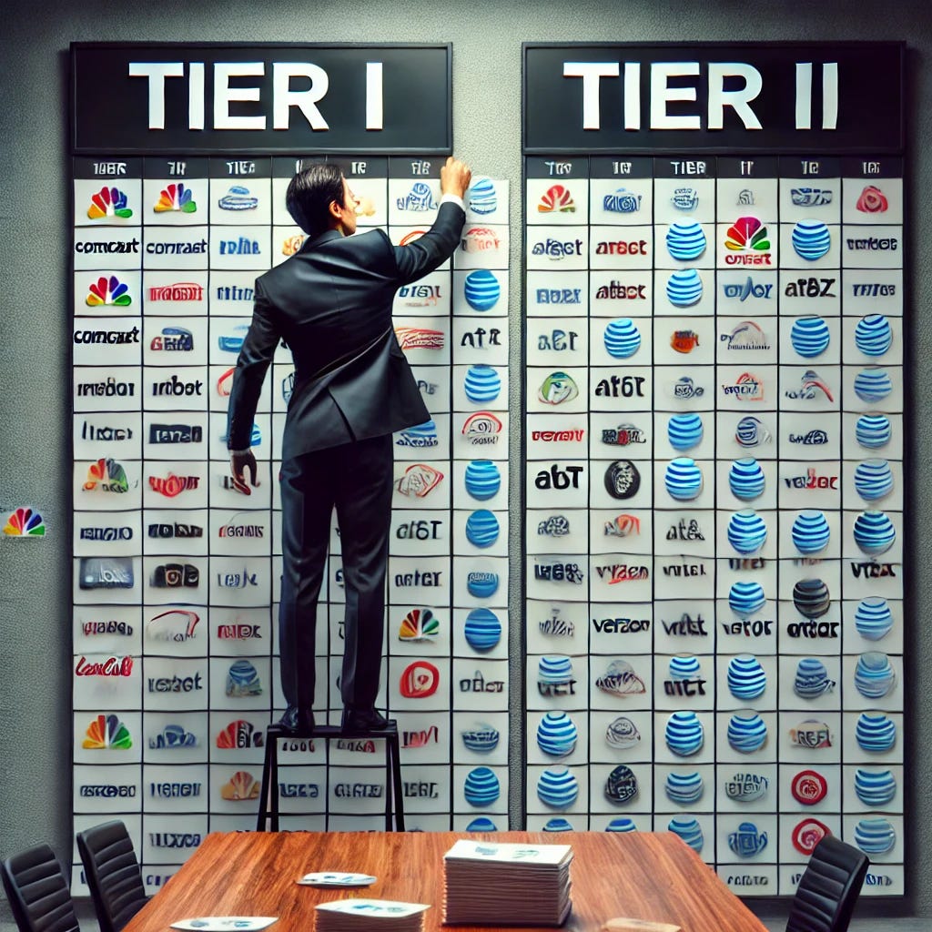 A person wearing a professional suit is organizing cable company logos into two categories. The scene shows two large labeled boards: one labeled 'Tier I' and the other 'Tier II'. The person is actively placing logos, such as Comcast, AT&T, and Verizon, into the respective categories. The setting is a modern office environment with a professional and clean aesthetic. The focus is on the action of sorting, with a clear view of the labels and logos. The person is depicted mid-action, creating a dynamic composition.