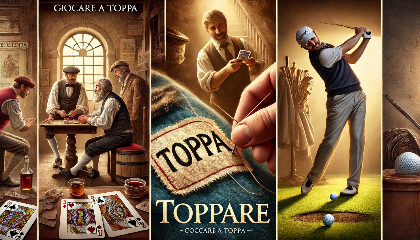 A realistic depiction of the evolution of the word 'toppa' and 'toppare' in Italian. The image is divided into three sections: 1) A historical gambling scene featuring players engaged in 'giocare a toppa,' an old card game similar to zecchinetta, in a dimly lit tavern. 2) A close-up of a tailor sewing a patch ('toppa') onto torn fabric, highlighting the material and stitching details. 3) A frustrated golfer who has just made a bad shot, symbolizing the modern meaning of 'toppare' as making a mistake. Each section visually represents a different etymological aspect of the words, blending history and linguistics. The image is in a realistic style, with warm, natural lighting and rich textures, in a 16:9 format.