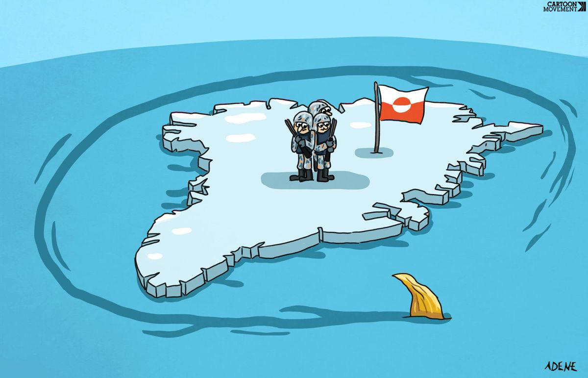 Cartoon showing Greenland with three soldiers on it, who are looking wearily at a shark fin that is protruding from the water and swimming circles around Greenland. The stark fin is yellow and resembles Donald Trump’s hair.